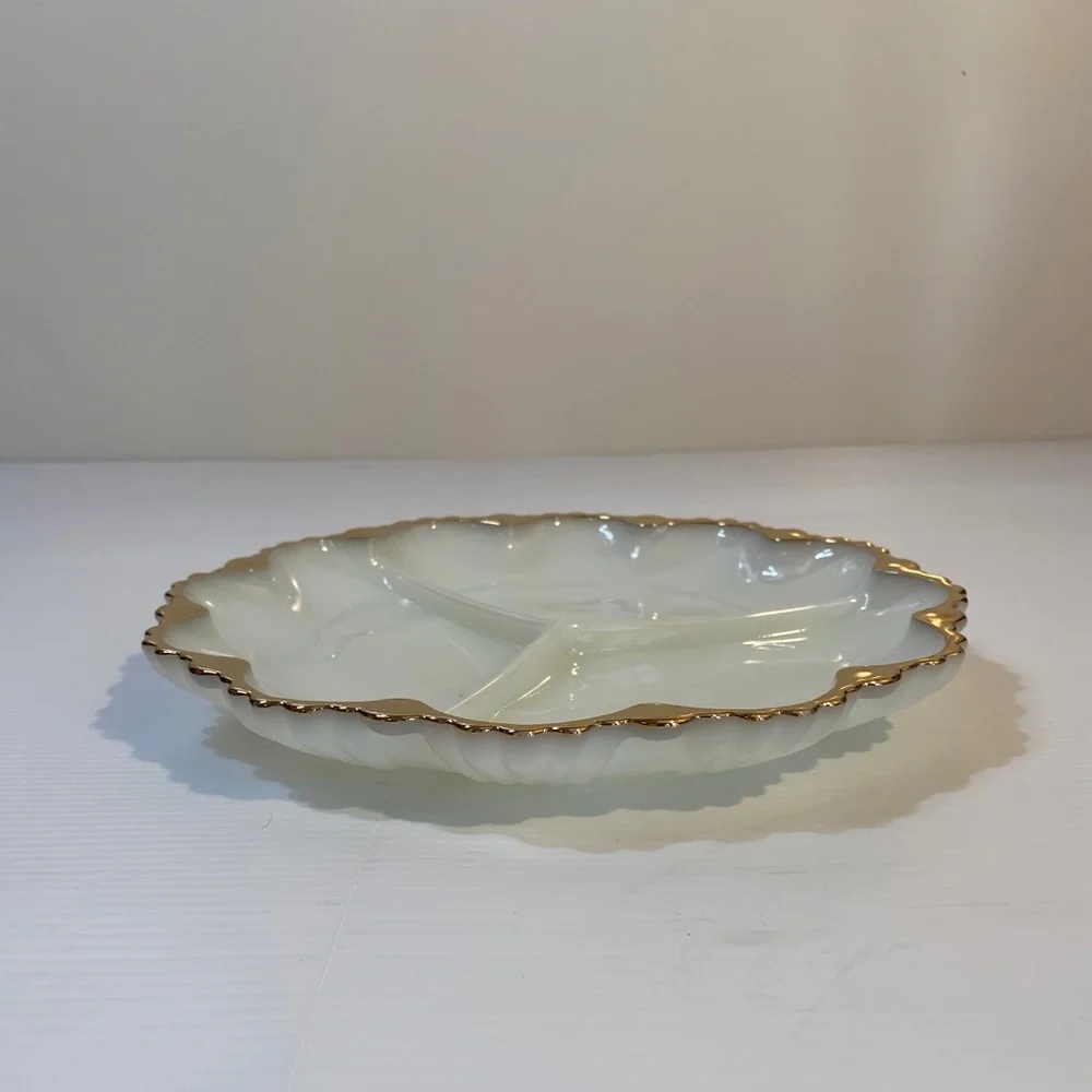Vintage Antique Divided Serving Dish Holiday Depression Milk Glass White Gold